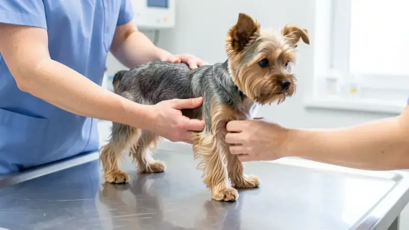 Veterinario explorando la rodilla de un Yorkshire Terrier para detectar luxación de rótula - exploración ortopédica canina