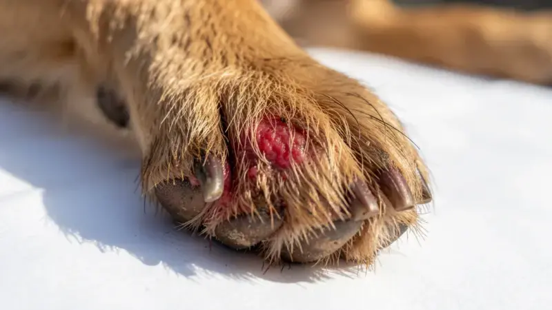 Pata de perro con piel enrojecida entre los dedos y pelo teñido de marrón por lamido - Malassezia en perros patas