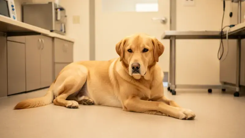 Perra en reposo durante revisión veterinaria postparto - mastitis en perros
