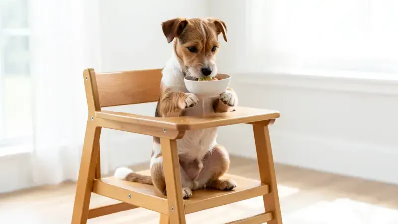 Perro sentado en silla de Bailey de madera para megaesófago en posición vertical durante la alimentación