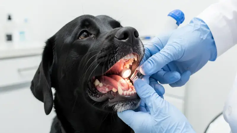 Veterinario examinando boca de labrador negro para detectar melanoma oral canino en encías