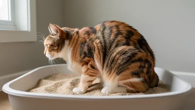 Gato en caja de arena con postura de evacuación - mi gato tiene diarrea síntomas y causas