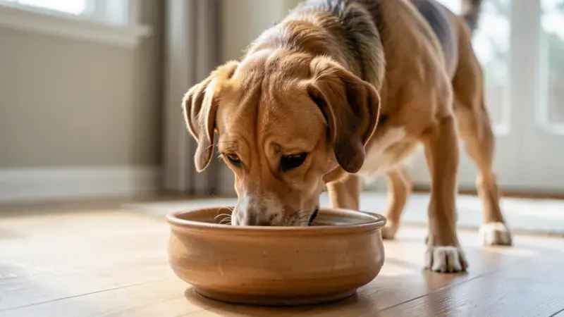 Perro bebiendo agua de su cuenco en casa - mi perro bebe mucha agua
