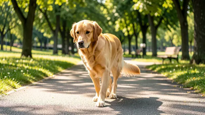 Perro con cojera de pata delantera caminando en parque - mi perro cojea causas diagnóstico