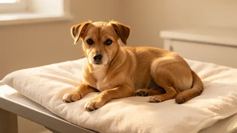 Perro en reposo sobre cama de recuperación veterinaria - parálisis de patas traseras en perros