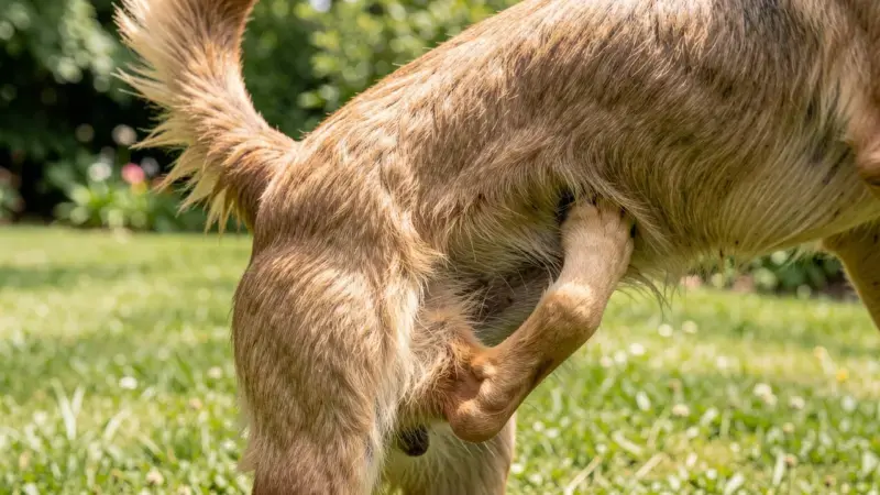 Perro rascándose el cuello con la pata trasera en el jardín - prurito canino causas y remedios caseros