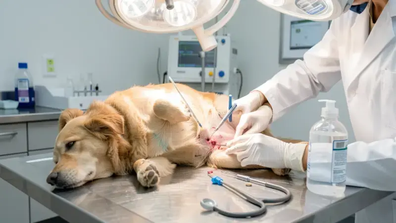 Veterinario limpiando y examinando una herida en un perro con instrumental clínico - tratamiento miasis canina