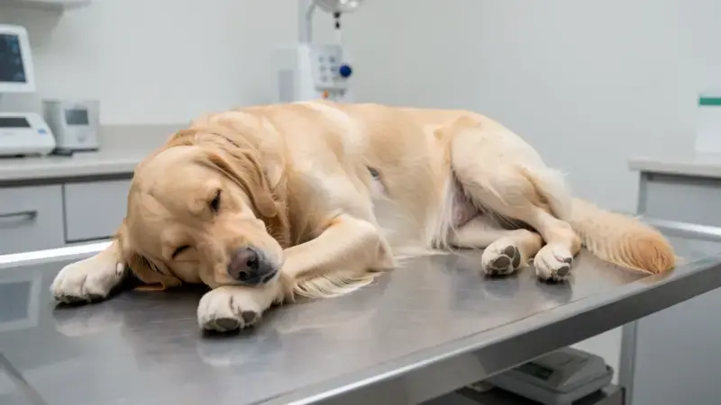 Perro golden retriever con debilidad muscular en mesa de exploración veterinaria - miastenia gravis perros