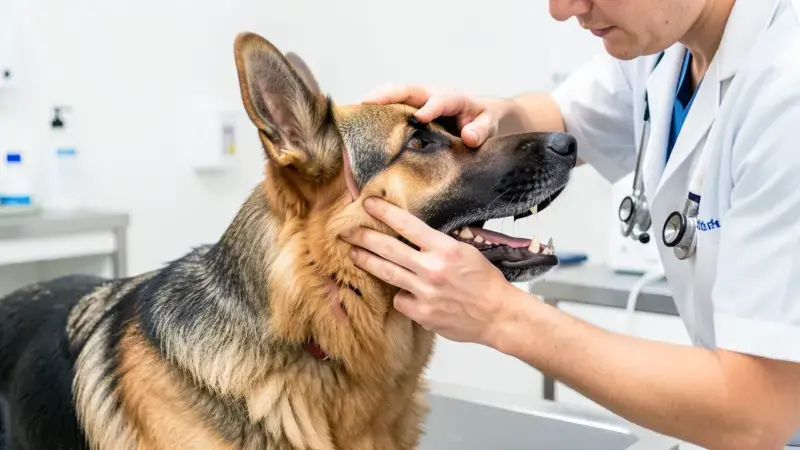 Veterinario explorando músculos temporales y mandíbula de Pastor Alemán por miositis masticatoria canina