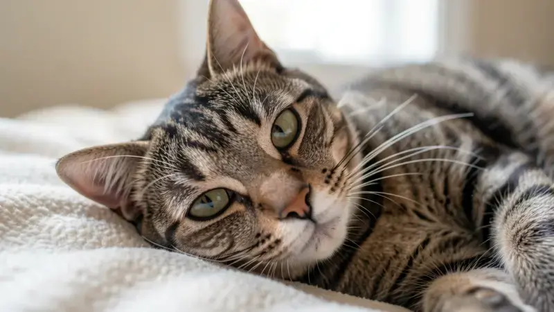 Gato atigrado con inclinación de cabeza característica del síndrome vestibular y nistagmo felino