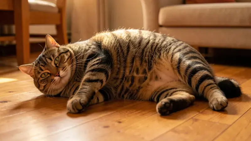 Gato con sobrepeso tumbado en el suelo con barriga redondeada - obesidad en gatos