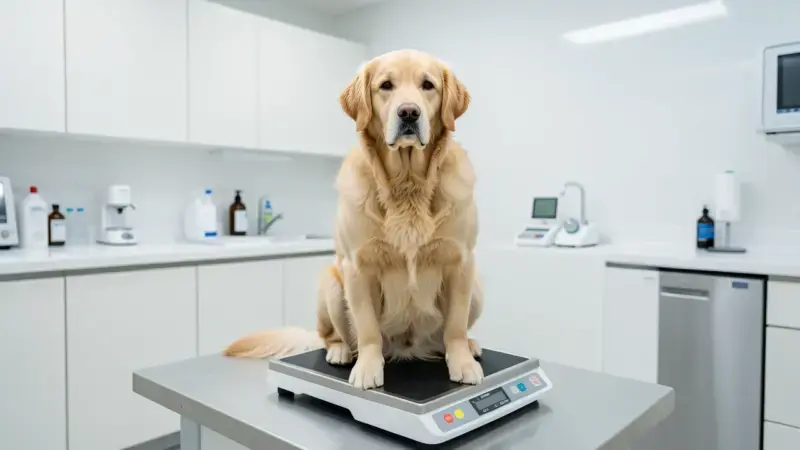 Perro golden retriever con sobrepeso sobre báscula veterinaria - obesidad en perros diagnóstico