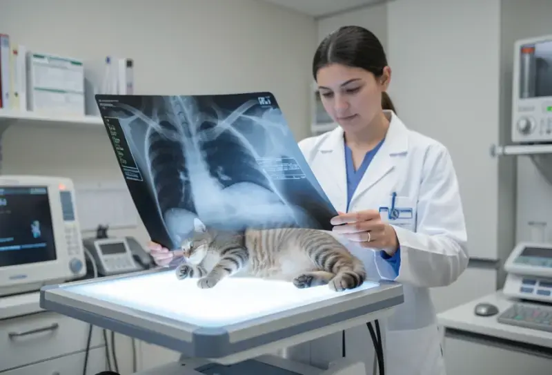Gato en consulta veterinaria - salud felina y cuidados - obstruccion intestinal en gatos