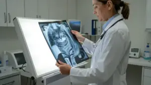 Veterinario revisando radiografía abdominal de un gato - obstrucción intestinal en gatos diagnóstico
