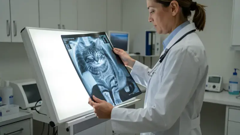 Veterinario revisando radiografía abdominal de un gato - obstrucción intestinal en gatos diagnóstico