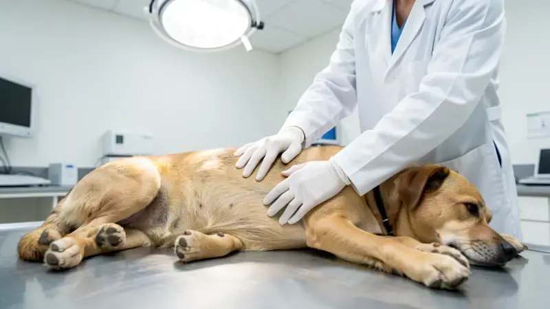 Veterinario palpando el abdomen de un perro para diagnosticar obstrucción intestinal en consulta veterinaria
