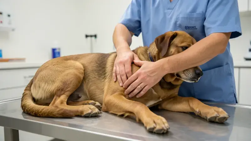 Veterinario palpando zona abdominal de perro para diagnóstico de orquitis testicular en consulta