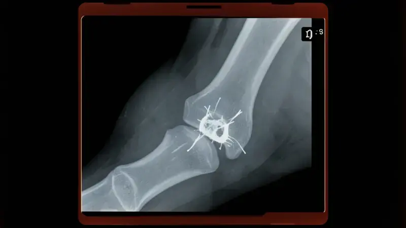 Radiografía de pata de perro con lesión ósea destructiva por osteosarcoma canino