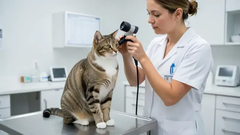 Veterinario examinando el oído de un gato con otoscopio - otitis en gatos diagnóstico