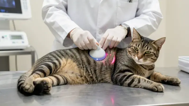 Veterinario realizando ecografia abdominal a gato atigrado tumbado - pancreatitis en gatos diagnostico