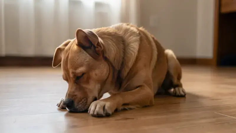 Perro en postura de rezo con pecho en el suelo y trasero elevado, signo característico de pancreatitis canina