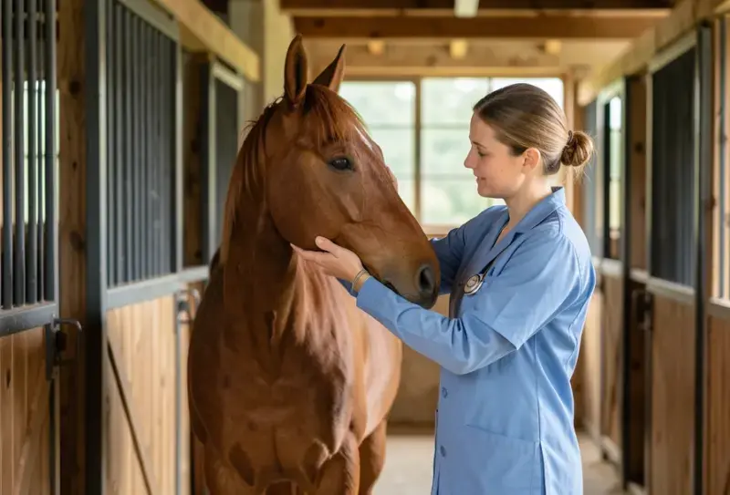 Horse standing calmly being examined veterinarian near head - papera equina