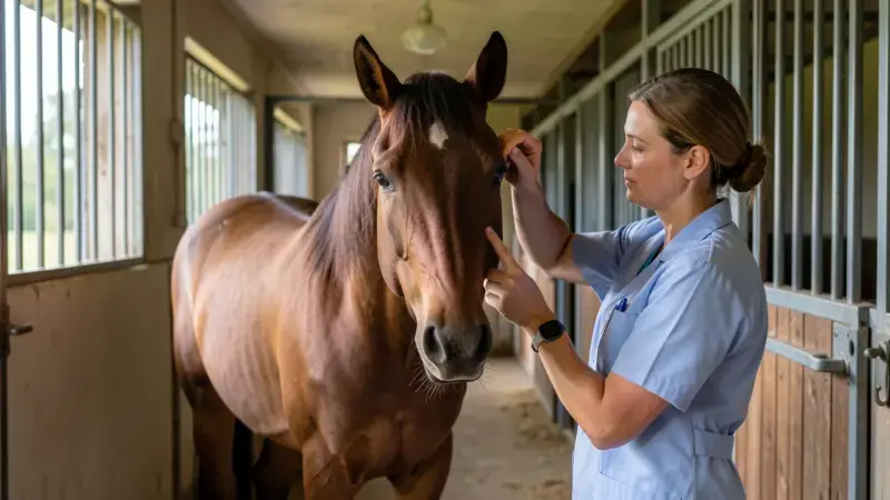 Veterinario examinando el cuello de un caballo en el establo - papera equina diagnóstico
