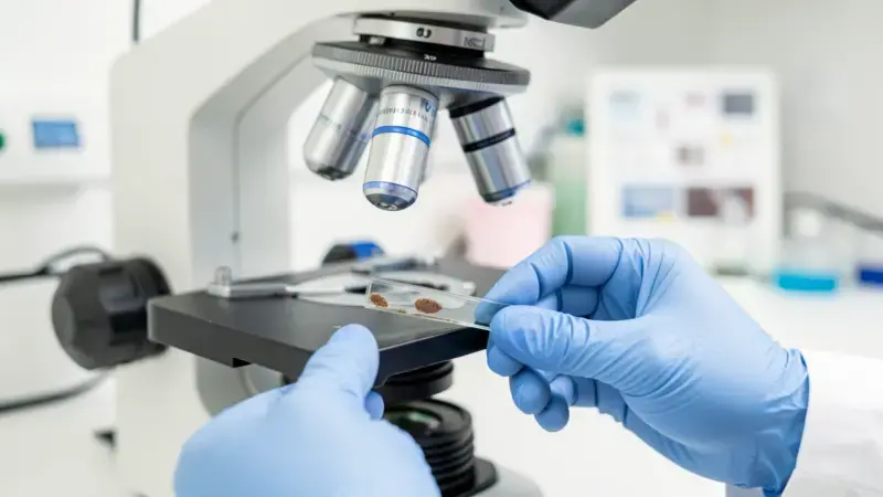 Veterinario examinando muestra de heces bajo microscopio para detectar parásitos intestinales en perros