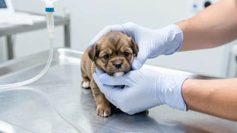 Cachorro enfermo en mesa de exploración con suero intravenoso - tratamiento parvovirus en perros