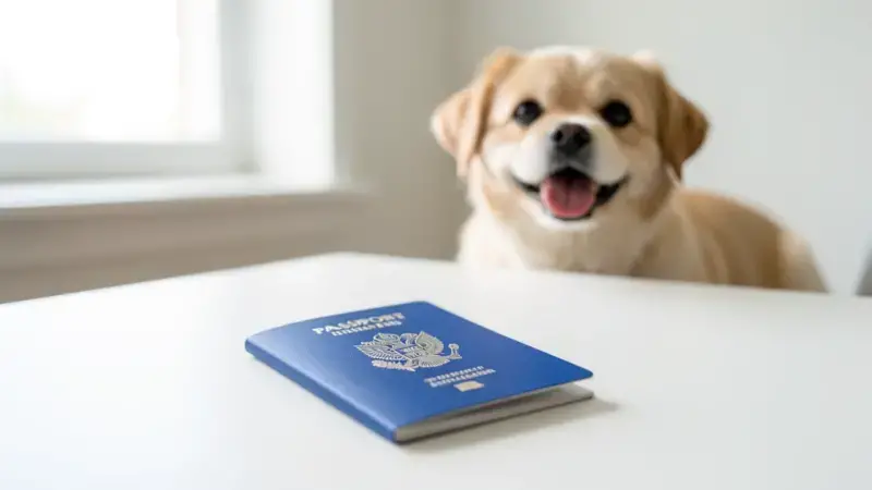 Pasaporte azul de mascota sobre mesa con perro al fondo - pasaporte perro España