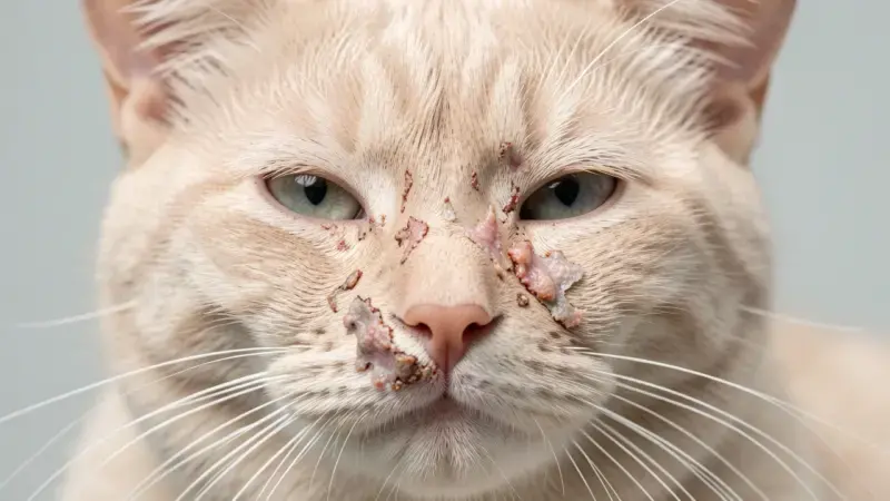 Gato con costras y escamas en nariz y orejas síntoma de pénfigo foliáceo felino