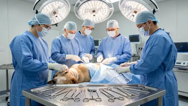 Equipo veterinario operando a un perro de peritonitis en quirófano - cirugía de urgencia abdominal canina