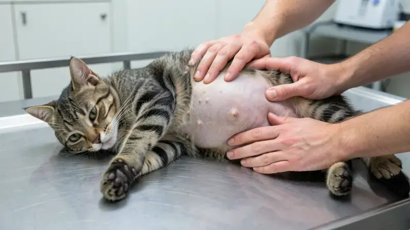 Gato atigrado con abdomen distendido por ascitis en mesa de exploración veterinaria - peritonitis infecciosa felina