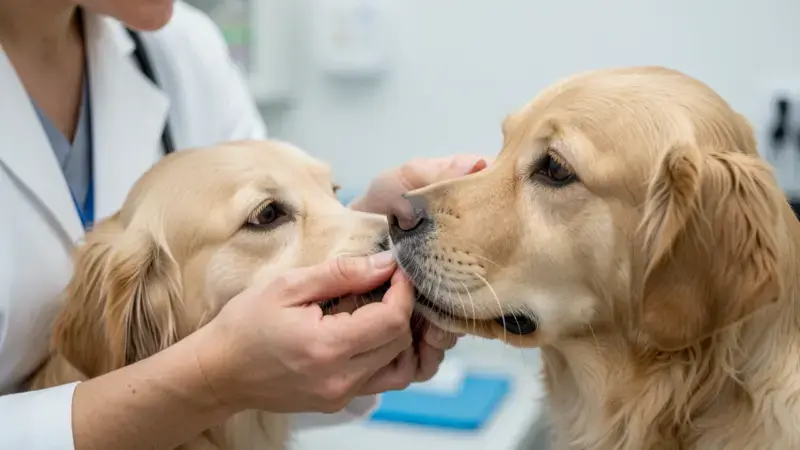 Veterinario examinando el hocico de un perro en consulta - perro estornuda mucho diagnóstico