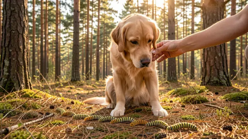 Perro Golden Retriever en pinar observando oruga procesionaria del pino en primavera - riesgo por orugas urticantes