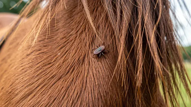 Garrapata adherida al pelaje de un caballo - piroplasmosis equina transmisión prevención