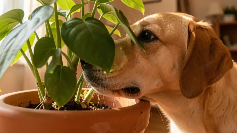 Perro olfateando planta de interior que podría ser tóxica - plantas venenosas para perros