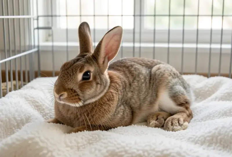 Photorealistic image rabbit resting calmly soft bedding clean - pododermatitis en conejos