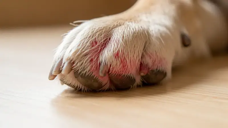 Pata de perro con pododermatitis mostrando enrojecimiento entre los dedos