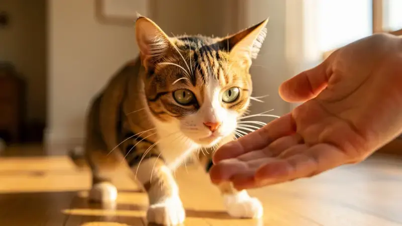 Gato doméstico con pupilas dilatadas en postura de caza mirando una mano - por que mi gato me muerde