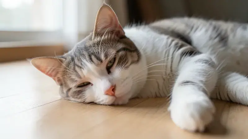 Gato domestico tumbado en el suelo con aspecto cansado - por que vomita mi gato