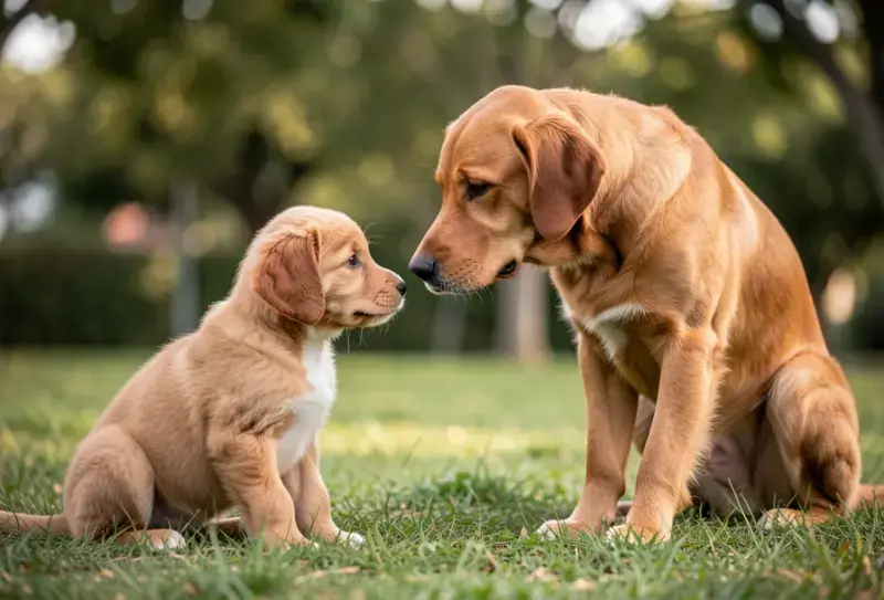 Perro en consulta veterinaria - salud canina y cuidados - presentar cachorro a perro adulto