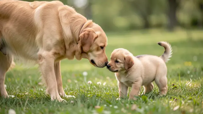 Perro adulto y cachorro conociéndose tranquilamente al aire libre - presentar cachorro a perro adulto
