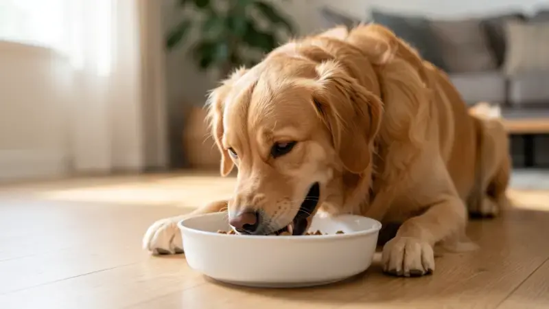 Perro sano comiendo de su comedero en casa - probióticos para perros