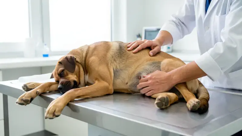 Perro macho con postura de dolor abdominal en camilla veterinaria por prostatitis aguda canina