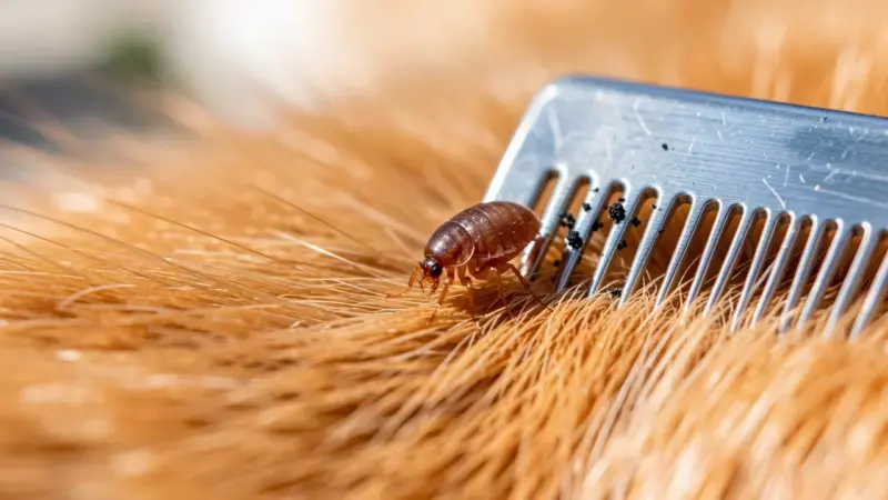 Pulga marrón visible en pelaje naranja de gato con peine antipulgas - pulgas en gatos tratamiento