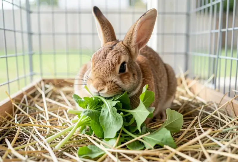 Photorealistic image rabbit eating fresh leafy greens clean - que pueden comer los conejos