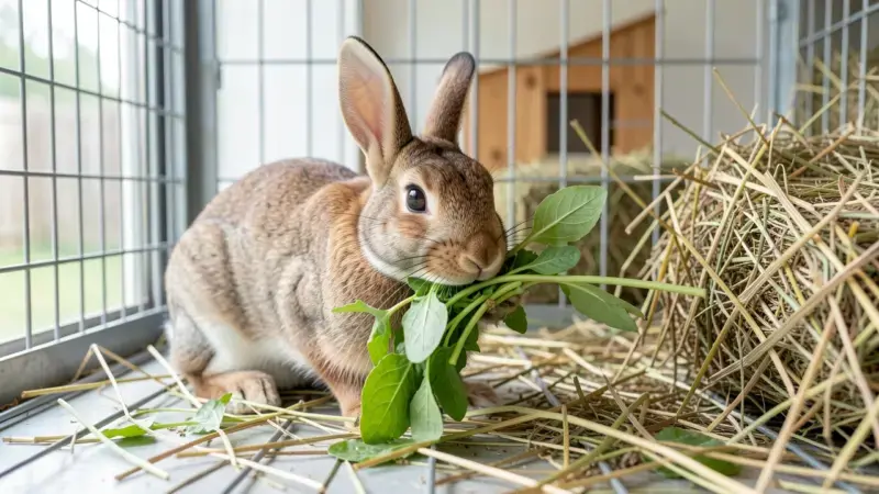 Conejo comiendo heno y verduras frescas - qué pueden comer los conejos