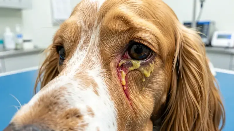 Ojo de Cocker Spaniel con secreción mucosa espesa y conjuntiva roja por queratoconjuntivitis seca canina