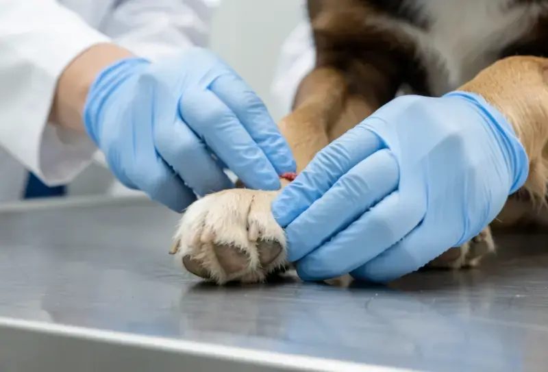 Perro en consulta veterinaria - salud canina y cuidados - quiste interdigital perros